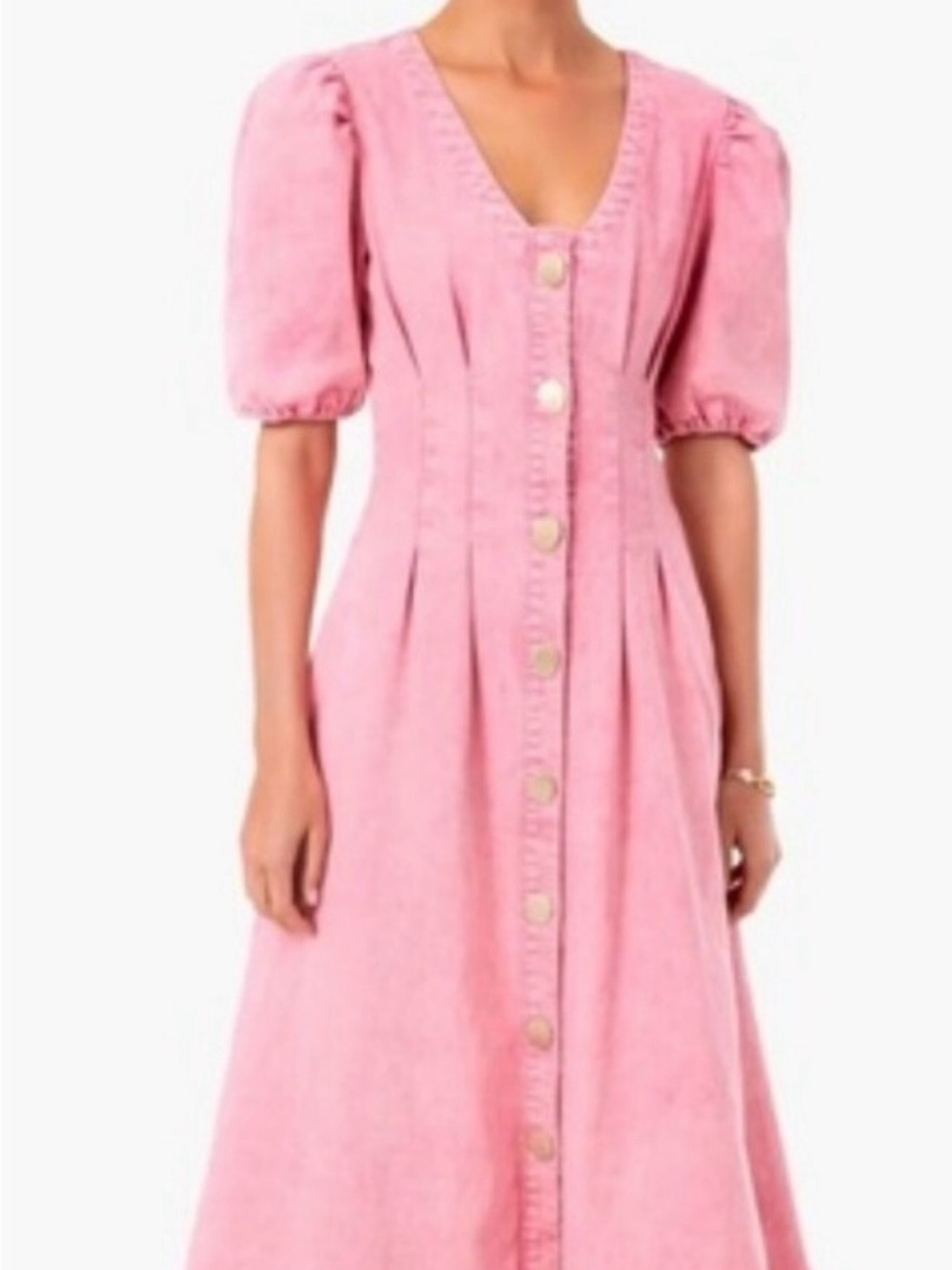 Sculpted Waist Pink Puff-Sleeve Button-Front Midi Dress